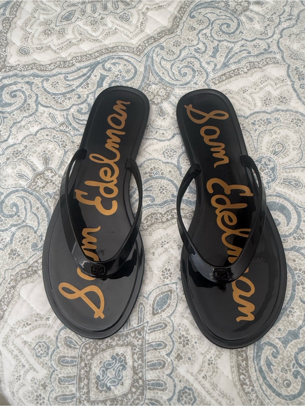 Sam Edelman Dean Black Glossy Jelly Flip Flops with Gold Logo